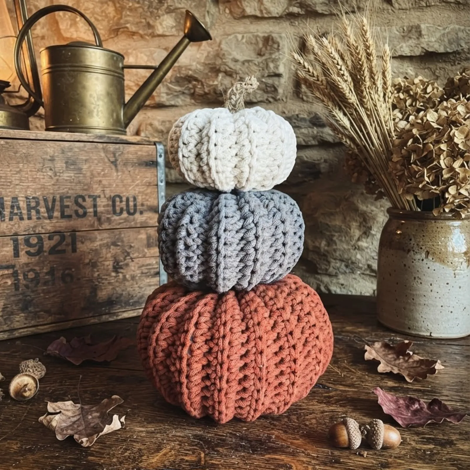 Handcrafted Crochet Pumpkin Set (Set of Three) | Farmhouse Autumn Decor — handcrafted Seasonal by BeigeKnot